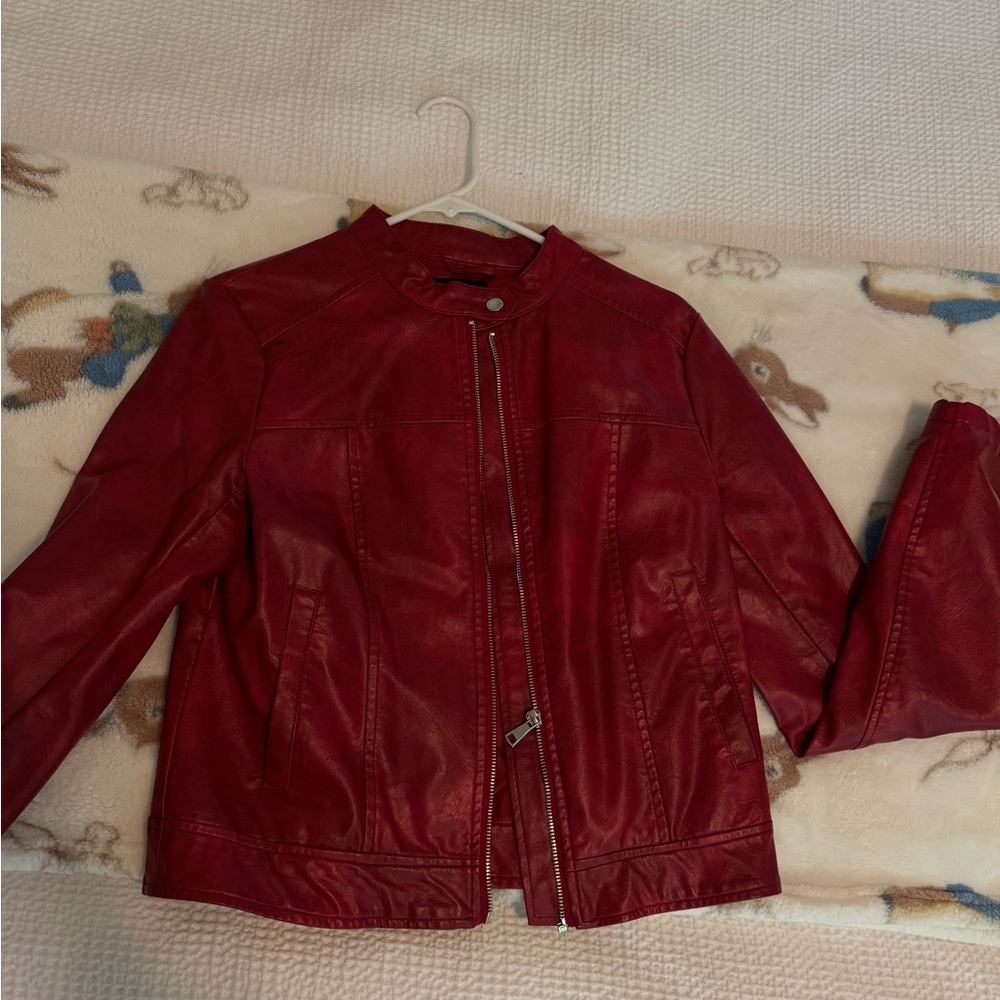 PrettyLittleThing Red Leather Jacket Classic Motorcycle Style
